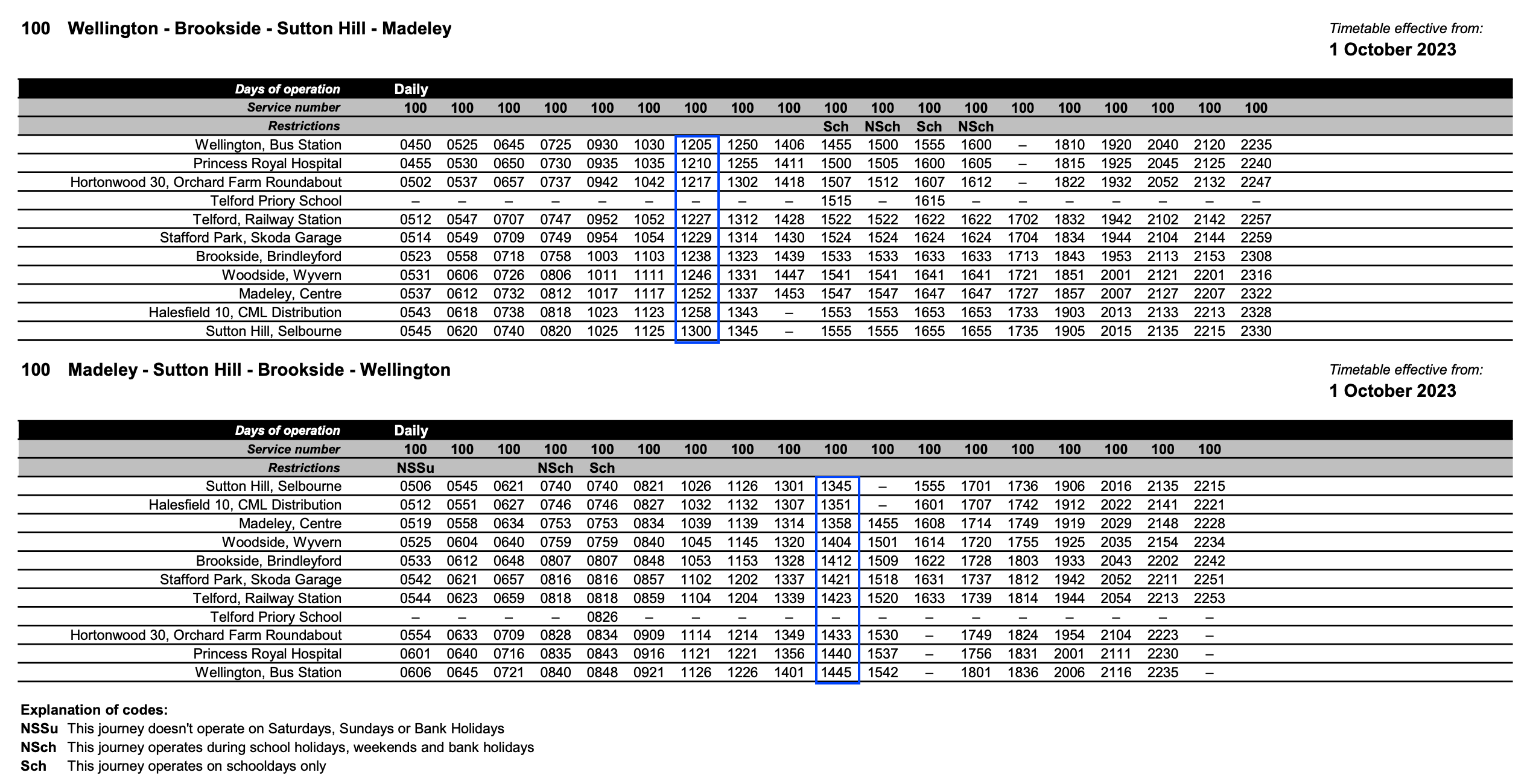 Route 100 Timetable